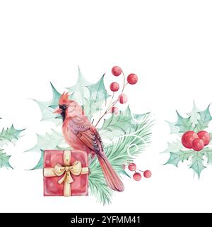 Aquarell nahtlose Grenze - Weihnachtsvogel roter Kardinal, Beeren, Geschenkbox, Weihnachtsstern Blumenstrauß mit stechpalmen-grünen Blättern. Anordnung mit Stock Vektor