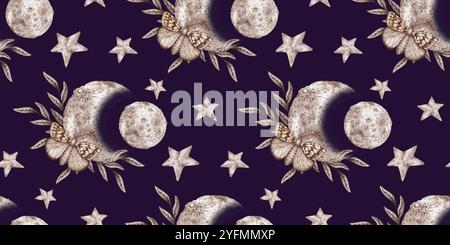 Schmetterling Mondgras und Schmetterlinge in Braun- und Beigetönen Muster auf blauer Hintergrund Aquarellabbildung. Kosmischer Körper isoliert vom Hintergrund Stockfoto