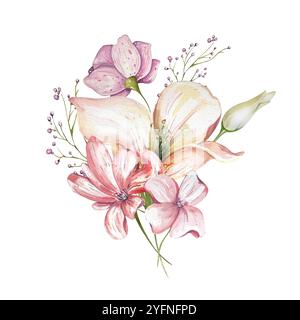 Blumenstrauß Mit Hellen Blumen. Lilien. Zarte Rosa Farben. Aquarellabbildung. Vintage-Hochzeitsmotiv. Für Einladungen, Karten, Heimtextilien, Hintergrundbilder Stockfoto