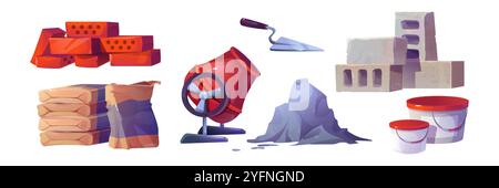 Baumaterialien isoliert auf weißem Hintergrund. Vektor-Karikaturillustration der Baustellenausrüstung, Ziegelpfähle, Zementsäcke Stapel, Betonmischer, Kelle, Lackeimer, Hausrenovierung Stock Vektor