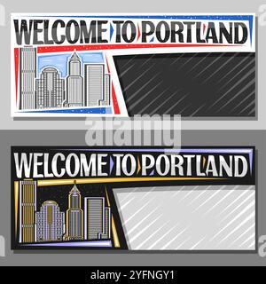 Vektor-Layout für Portland mit Kopierraum, dekorativer Coupon mit Linienillustration der städtischen portland Stadtlandschaft am Tag und Abenddämmerhimmel Hintergrund, Kunst Stock Vektor