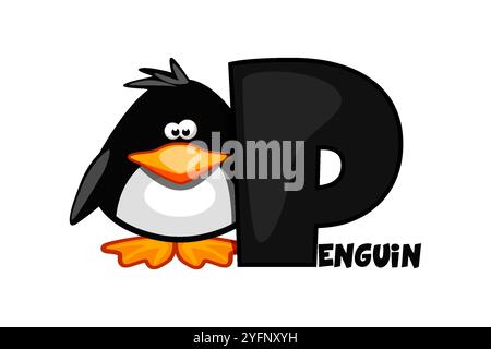 Cartoon Pinguin und Buchstabe P, Karte für Bildung. Das Tier beginnt mit dem Buchstaben P. Tier-Alphabet-Karte. Lernbrief P-Karte. Kindererziehung Stock Vektor