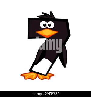 Cartoon Nummer 7 wie Pinguin, Figur 7. Zeichentrick der Zahl mit einem Tierkonzept. Kalligrafie, Schriftzüge, Typografie für Ihre Bildungskarten oder Stock Vektor