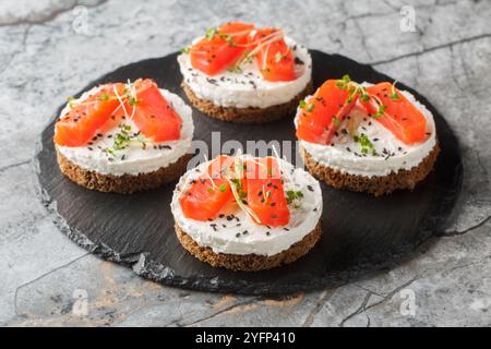 Gesunde Käsekuchen-Sandwiches mit rotem Fisch, Frischkäse, Sesam und Microgreens Nahaufnahme auf Schieferplatte auf dem Tisch. Horizontal Stockfoto