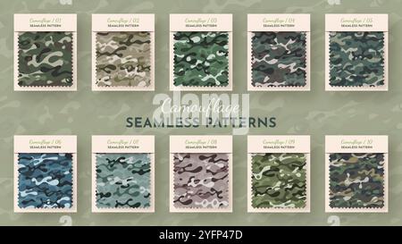 10 Nahtlose Camouflage-Muster. Kriegs-Illustration. Traditionelle Militärische Textur. Hintergrund Der Armee Stock Vektor