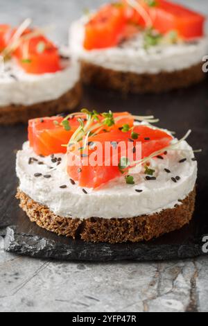 Geräucherter Lachs Käsekuchen Frühstück Sandwich Toast Nahaufnahme auf Schieferteller auf dem Tisch. Vertikal Stockfoto