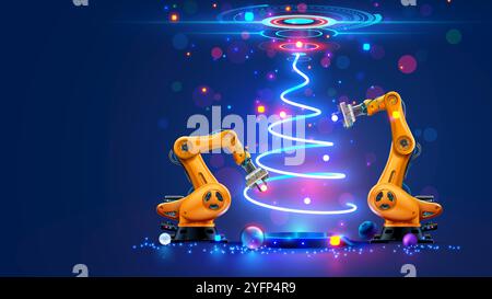 Industrieroboter Dekoration weihnachtsbaum. Roboterarm an der Fabrik auf der Weihnachtskarte. Industrieroboter Manipulator Dekorationen Cyber virtu Stock Vektor