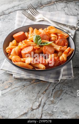 Treccione Nudeln mit Tomaten, Zwiebeln, Wurst und Gewürzen in einer Schüssel auf dem Tisch. Vertikal Stockfoto