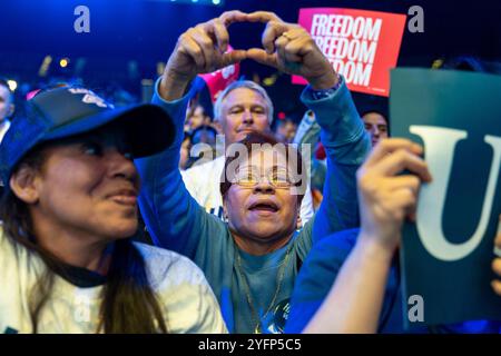 Las Vegas, USA. November 2024. Mitglieder des Publikums beim When We Vote We Win Konzert, das von der Harris-Walz-Kampagne in der MGM Grand Garden Arena in Las Vegas am 4. November 2024 präsentiert wurde. (Foto: Travis P Ball/SIPA USA) Credit: SIPA USA/Alamy Live News Stockfoto