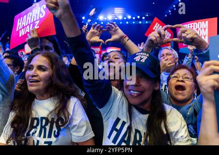 Las Vegas, USA. November 2024. Mitglieder des Publikums beim When We Vote We Win Konzert, das von der Harris-Walz-Kampagne in der MGM Grand Garden Arena in Las Vegas am 4. November 2024 präsentiert wurde. (Foto: Travis P Ball/SIPA USA) Credit: SIPA USA/Alamy Live News Stockfoto