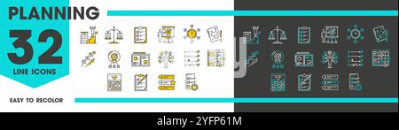 Planungslinien-Symbole. Projektziel, Management und Planplan. Vektorsatz aus linearen Geschäftssymbolen, die Kalender, Skalierungen, Multitasking und Checklisten für die Organisation von Aufgaben und Ereignissen darstellen Stock Vektor