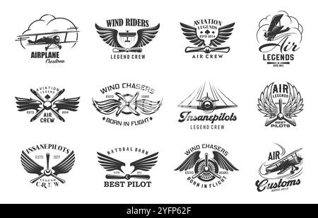 Flugzeug- und Flugzeugvektorsymbole von Retro-Doppeldeckern, Propellern und Flügeln. Vintage-Sonderflugzeuge, Windfahrer, Legende-Piloten und Luftfahrt-Abzeichen Set für Flugreisen, Pilotenschule und Flugzeugshow Stock Vektor