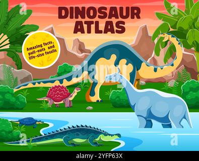 Atlas-Buchcover mit prähistorischen Dinosauriern und Reptilien im Dschungel-Wald. Vektorkarboneme, Melanorosaurus, sarcosuchus, henodus und Indricotherium Dinosaurier und prähistorische Naturlandschaft Stock Vektor