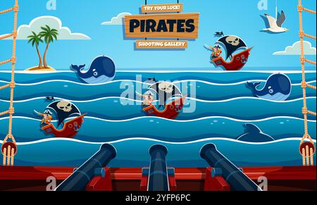 Jagd auf Piraten und Haie, Schießstand für Karneval-Shooting im Vergnügungspark, auf einem Jahrmarkt oder in einer Videospielhalle. Shooting Game Gallery von Karneval Stand Vektor Hintergrund mit Zeichentrick Piratenschiffe und Wale Stock Vektor