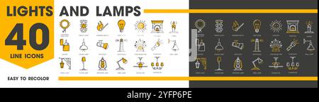 Leuchten und Lampen umreißen Symbole. Streamingring, Verkehr, Straßenlaterne, Glühbirne und Sonnenlicht. Kamin und Kerze, Feuerzeug und Scheinwerfer. Leuchtturm, Sternprojektor, Taschenlampe oder Wandleuchte Stock Vektor