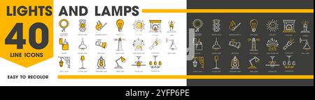 Lights and lamps outline icons. Streaming ring, traffic, street light, lightbulb and sunlight. Fireplace and candle, lighter and spotlight. Lighthouse, star projector, flashlight or wall lamp Stock Vektor