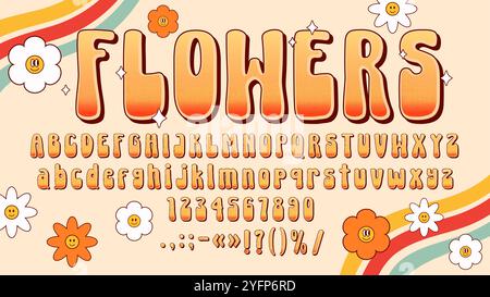 Grooviger Typ der 60er Jahre, psychedelische Retro-Hippie-Schriftart, flippiges Trippie-Schriftbild der 70er Jahre, Vintage-Alphabetbuchstaben und Zahlen mit Vektor-Hippie-Regenbogen und Blumen. Flippige Disco-Hippie-Schriftart und psychedelische Art Stock Vektor