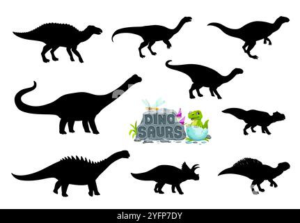 Dinosaurier Silhouetten von jurassischen Reptilien für Kinder Dino Park Sammlung, Vektor-Ikonen. Comic lustige Dino Baby Figur schlüpft aus Ei mit Arrhinoceratops, Antarctosaurus mit Ampelosaurus Stock Vektor