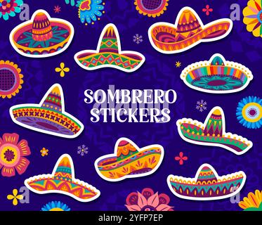 Mexikanische Sombrero-Hut-Aufkleber mit lateinischen Ornament-Mustern, Vektor-Ikonen. Mexikanische Cartoon-Aufkleber mit Sombrero- oder Cowboy-charro-Hüten für Cinco de Mayo-Feiertage und Mexiko-fiesta-Feierlichkeiten Stock Vektor
