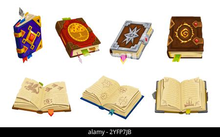 Mittelalterliche Buchspiel-Symbole, alte Zauberbücher und Manuskripte, Vektor-UI und GUI-Elemente. Magische Spiele offene Bücher mit alten Pergamentseiten, Ledereinband, Edelsteine und Lesezeichen Stock Vektor