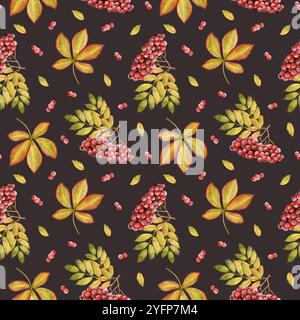 Aquarell rowan rote Beeren Zweige mit gelb grünen fallenden Blättern Herbst nahtlose Muster auf dunkelbraun Stockfoto