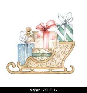 Weihnachtlicher Holzschlitten mit grünen, blauen und beigen Geschenkboxen, die mit bunten Bögen gebunden sind. Handgezeichnete Aquarell-isolierte Illustration für frohe Neujahrsgrußkarten, festliche Verpackungen und Designs. Stockfoto