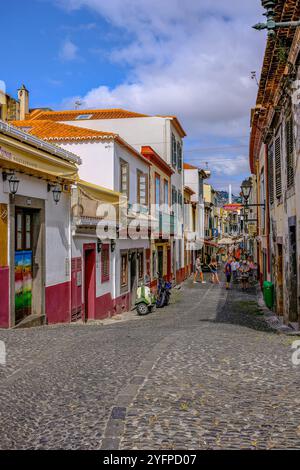 Bezaubernde Kopfsteinpflasterstraße gesäumt von bunten Gebäuden und Geschäften im historischen Zentrum von Funchal, Madeira, lädt zum Erkunden und Entdecken ein. Stockfoto