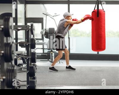 Profilaufnahme eines älteren Mannes mit Boxhandschuhen, der in einem Fitnessstudio eine Tasche schlägt Stockfoto