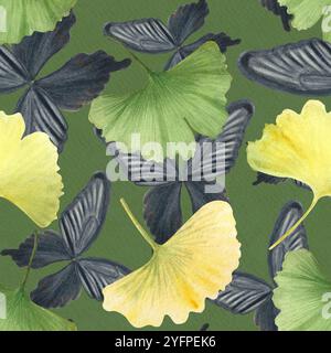 Leuchtende Ginkgo-Blätter, nahtloses Muster mit schwarzen Schmetterlingsflügeln auf strukturiertem grünem Hintergrund. Handgemalte, detailreiche Aquarelle, perfekt für Textilien Stockfoto