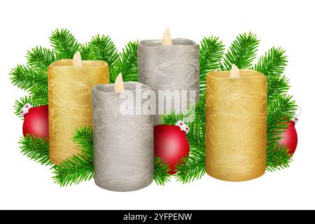 Vier Vintage LED echte Wachskerzen Silbergold mit Weihnachtsdekoration isoliert auf weißem Hintergrund Stockfoto