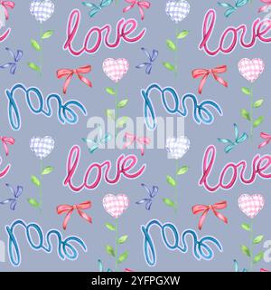 Das Wort LOVE, die Herzchen und die Bögen aus Stoff. Aquarellabbildung, nahtloses Muster auf graublauem Hintergrund. Kollektion für St. Valentine Stockfoto