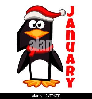 Abbildung 1. Januar - Happy New Year mit Pinguinzahl. Kalenderdatum Stock Vektor