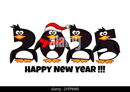 Frohes neues Jahr 2025, Zahlen wie Pinguine. Kalenderdatum. Zeichentrickdarstellung Stock Vektor