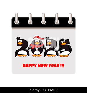 Kalenderseite des Jahres 2025 - Happy New Year mit Pinguinzahlen. Kalenderdatum. Zeichentrickdarstellung Stock Vektor