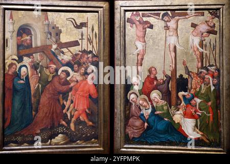 Museum Belvedere. Diptychon mit Szenen aus der Leidenschaft. Christus trägt das Kreuz und die Kreuzigung. 15. Jahrhundert. Wien. Österreich. Stockfoto