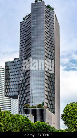 Eine vertikale Panoramaaufnahme von einer Hälfte von DUO, einem großräumigen Stadtentwicklungskomplex im Zentrum von Singapur, entworfen von Architect Ole Scheeren Stockfoto