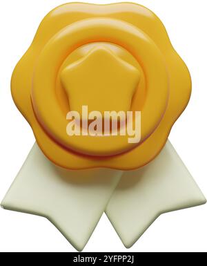 3D-Rendering mit Goldmedaille mit Stern und weißem Band, dreidimensionales Siegerabzeichen oder Qualitätszeichen Stock Vektor