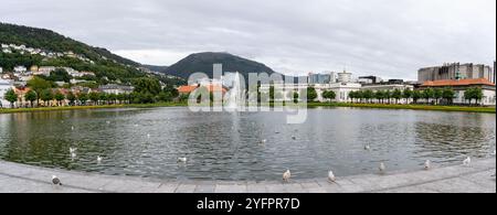 Bergen, Norwegen - 8. August 2022: Malerischer Blick auf den See Lille Lungegårdsvannet in Bergen, Norwegen, mit Möwen auf dem Wasser, einem zentralen Brunnen und sur Stockfoto