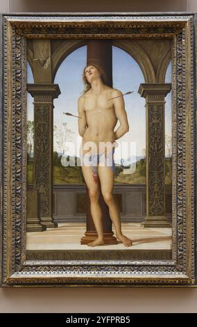Louvre Museum, Paris, Frankreich. Pietro di Cristoforo Vannucci, genannt Perugino, Sankt Sebastian, Gemälde auf Tafel, um 1490-1500 Stockfoto