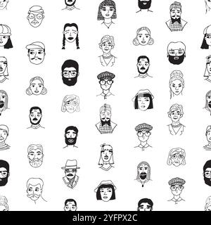 Menschen handgezeichnetes schwarzes weißes nahtloses Muster. Vektor trendy endlose Illustration von Gesichtern Gruppen oder Porträts Zeichnung auf weißem Hintergrund Stock Vektor