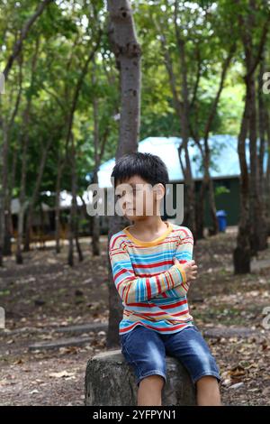 Ein kleiner Junge in einem bunten gestreiften Hemd sitzt auf einem Felsen in einer ruhigen Waldlandschaft. Sein nachdenklicher Ausdruck fängt einen Moment kindlicher Verachtung ein Stockfoto