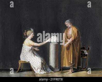 „Urania die Muse der Astronomie offenbart Thales die Geheimnisse des Himmels“ (1798-1799) neoklassisches Gemälde des italienischen Künstlers Antonio Canova (1757-1822), das Urania, die Muse der Astronomie, zeigt und dem griechischen Philosophen Thales himmlische Weisheit vermittelt. Stockfoto