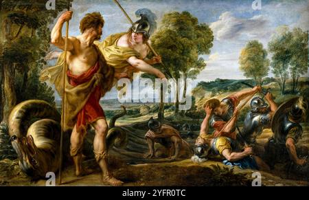 „Cadmos and Minerva“ (1636-1638) Gemälde des flämischen Künstlers Jacob Jordaens (1593-1678), das Cadmus, von Minerva (Athena) beraten, in der mythologischen Szene zeigt, kurz nachdem die Schlange getötet wurde, und sich darauf vorbereitet, ihre Zähne zu säen, um bewaffnete Krieger zu beschwören, die miteinander kämpfen, bis nur noch fünf übrig sind. Stockfoto