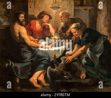 Das fest von Philemon und Baucis von Peter Paul Rubens (1577–1640), gemalt 1620, zeigt die mythologische Szene von Philemon und Baucis, die Zeus und Hermes dienen. Stockfoto