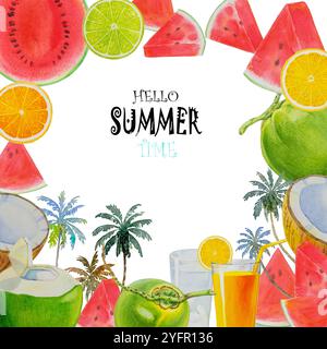 Hallo Sommerzeit, Gemälde Obst mit Wassermelone, Kokos und Orange. Hand gezeichnet Aquarell Malerei Bunte Illustration der Poster Tapete für f Stockfoto