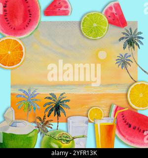 Hallo Sommerzeit, Gemälde Obst mit Wassermelone, Kokos und Orange. Hand gezeichnet Aquarell Malerei Bunte Illustration der Poster Tapete für f Stockfoto