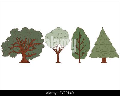 Sommersaison Bäume Wälder Phase fruchtbare Pflanzen Wald saisonale Flora Blätter natürliche botanische Natur Baum bunte Icon Kollektion Design Set Stock Vektor