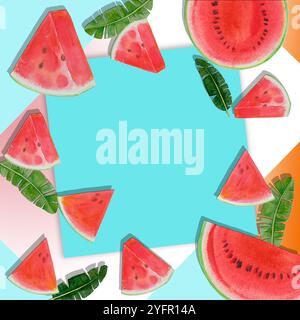 Hallo Sommerzeit, Gemälde helle Frucht von Wassermelone. Handgezeichnetes Aquarellgemälde bunte Illustration der Poster-Tapete für lustige Party, invit Stockfoto
