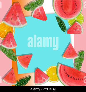 Hallo Sommerzeit, Gemälde helle Frucht von Wassermelone Zitrone. Hand gezeichnete Aquarellmalerei bunte Illustration der Poster-Tapete für lustige Party, Stockfoto