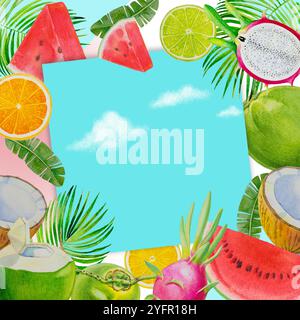 Hallo Sommerzeit, Gemälde Obst mit Wassermelone, Kokos und Orange. Hand gezeichnet Aquarell Malerei Bunte Illustration der Poster Tapete für f Stockfoto